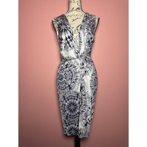 Vintage Codigo Womens Black‎ White Tie Dye Twist Front V-Neck Midi Dress Size M